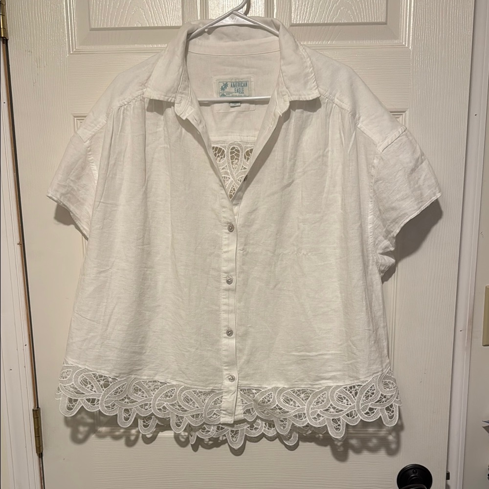 American Eagle Outfitters White Boxy Blouse with Notched Collar